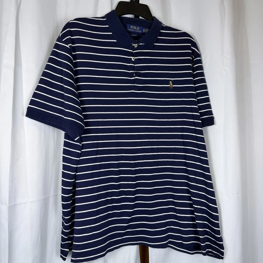 Polo Ralph Lauren Mens XL Classic Fit Polo Navy White Striped Flesh Pony